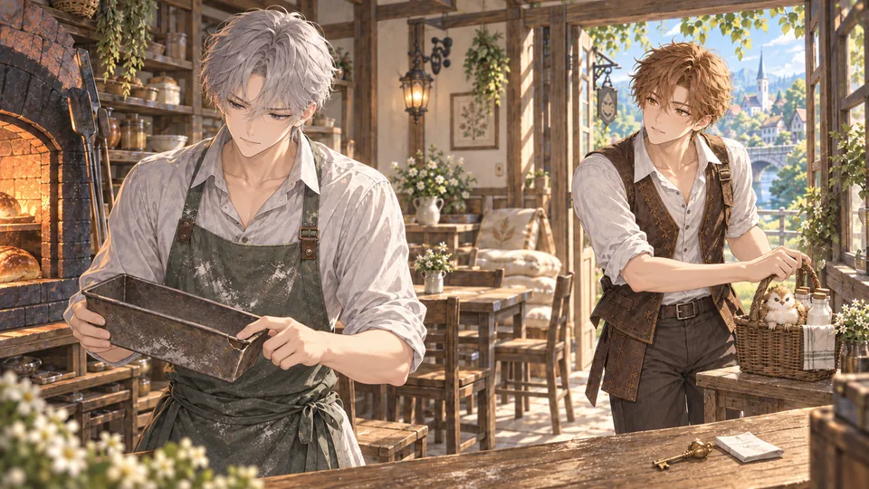 Rein examines an old baking tin while Theo listens beside the bakery doorway.