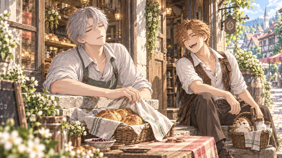 Rein relaxes after the first sales while Theo laughs beside the bread baskets.