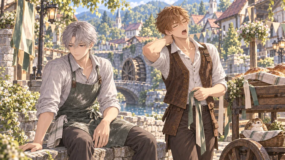 Rein and Theo take a tired, quiet break beside the cart after the bread parade.