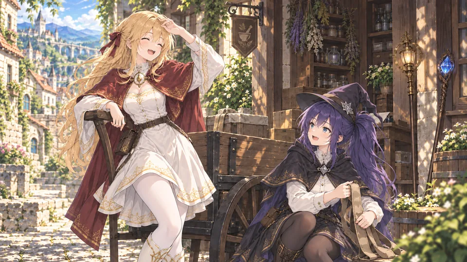 Mia laughs after unloading the medicine cart while Lise gathers the straps.