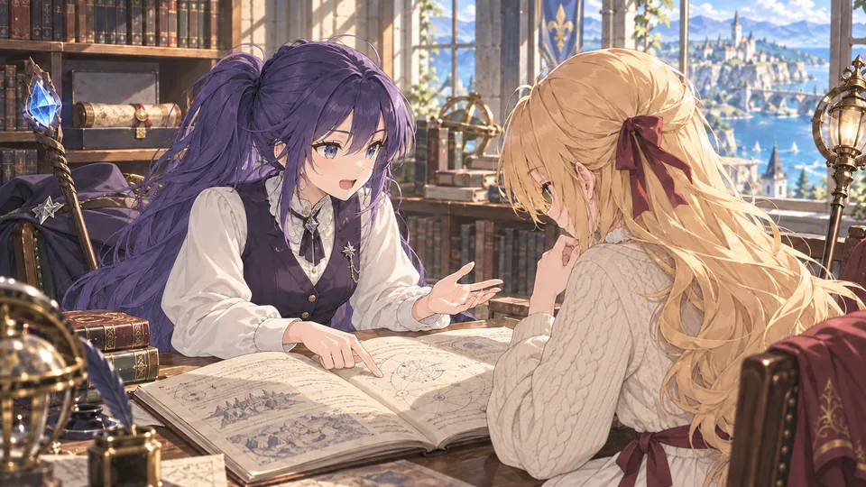 Lise shares a discovery in the borrowed manuscript with Mia at a library table.