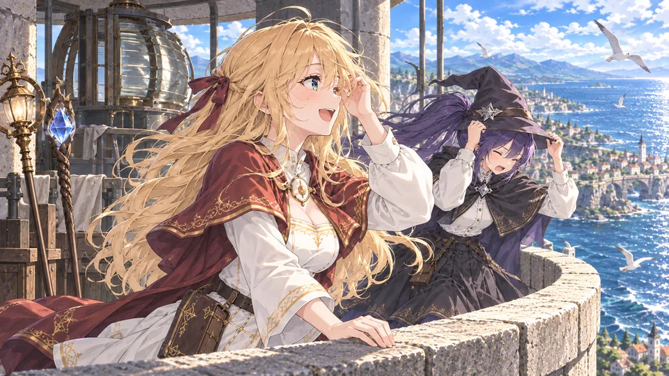 Mia smiles into the sea wind as Lise holds on to her hat on the lighthouse terrace.