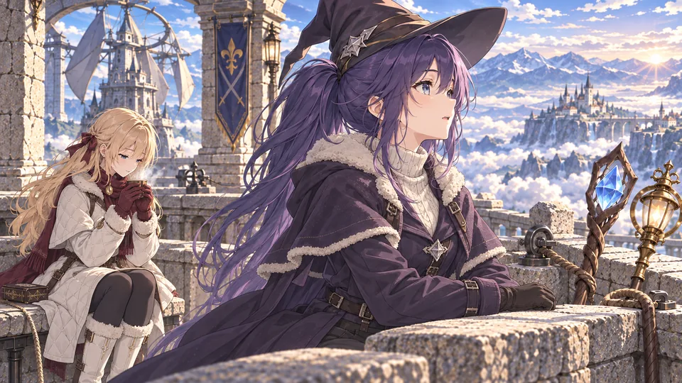 Lise looks out over the cloud sea while Mia warms her hands around a cup.