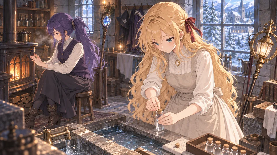 Mia checks the abbey’s water channel while Lise examines the nearby mechanism.