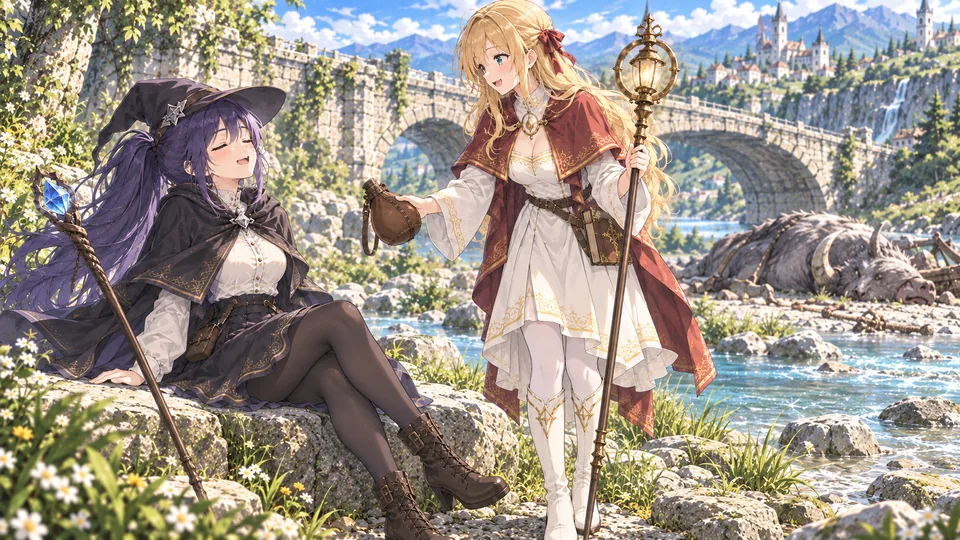 Mia offers Lise a waterskin as she rests on the riverbank after the ancient bridge hunt.