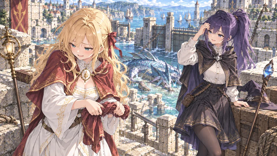 Mia wrings water from her cloak while Lise brushes back her damp hair beside the harbor tidegate.