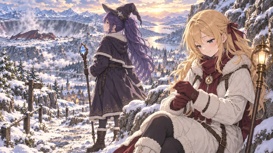 Mia tightens her winter gloves while Lise looks toward the valley from the quiet snowy ridge.