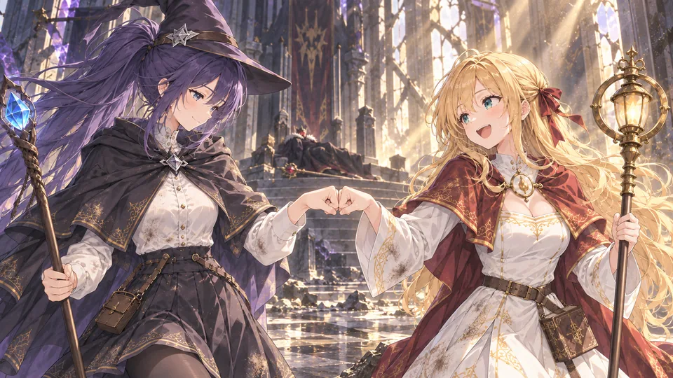 Mia and Lise share a relieved fist bump in the sunlit hall after defeating the Demon King.